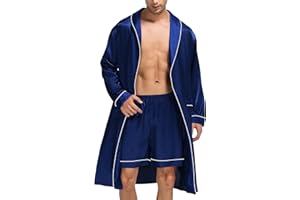 SWOMOG Men's Satin Robe Silky Kimono Bathrobe with Shorts Set Lightweight Soft Loungewear Nightwear