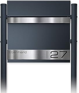 Metzler Exklusiver Standbriefkasten mit V2A Edelstahl Namensschild - Briefkasten in Anthrazit RAL 7016 - Briefkasten inkl. Zeitungsfach und Briefkastenständer - Postkasten, Größe: 37 x 37 x 10,5 cm