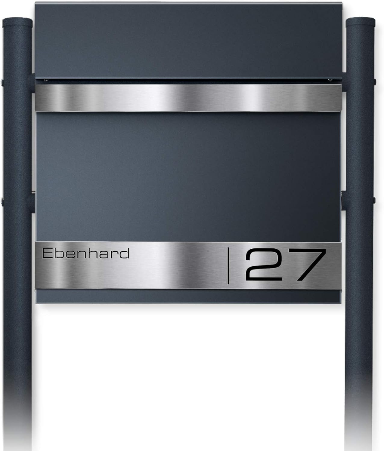 Metzler Exklusiver Standbriefkasten mit V2A Edelstahl Namensschild - Briefkasten in Anthrazit RAL 7016 - Briefkasten inkl. Zeitungsfach und Briefkastenständer - Postkasten, Größe: 37 x 37 x 10,5 cm