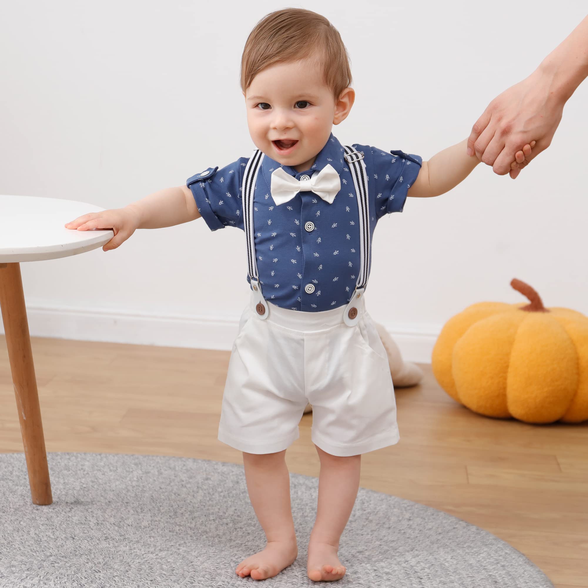 DISAUR Baby Boy Clothes Suits,Infant Gentleman Outfits Short Sleeves Romper +BowTie + Suspender Pants Wedding Set 0-18 Months