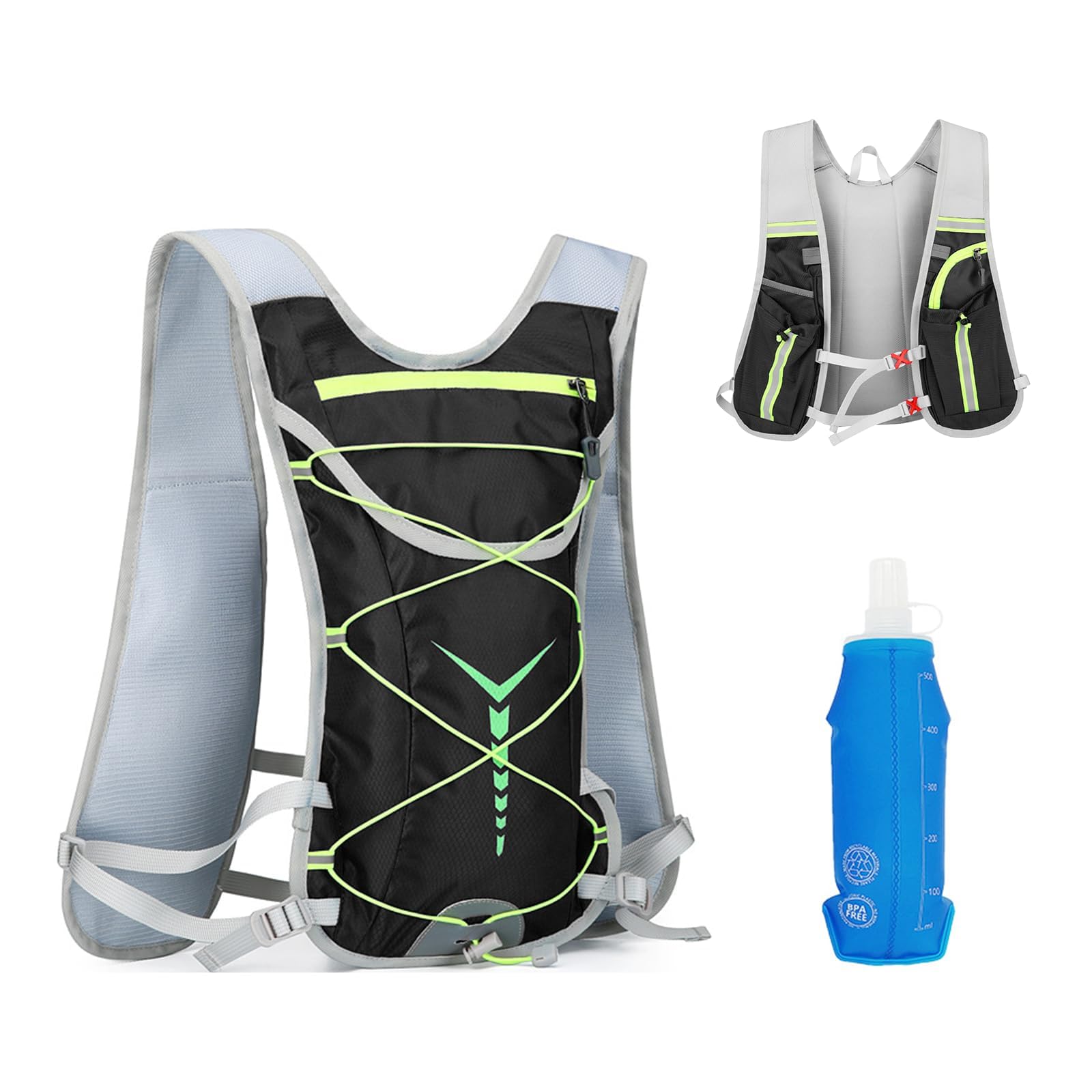 Running Vest Backpack, running Hydration Vest with 500ml Water Bottle for Men Women, Lightweight Reflective Running Backpack, Adjustable Breathable Running Vest for Running Cycling Hiking Climbing