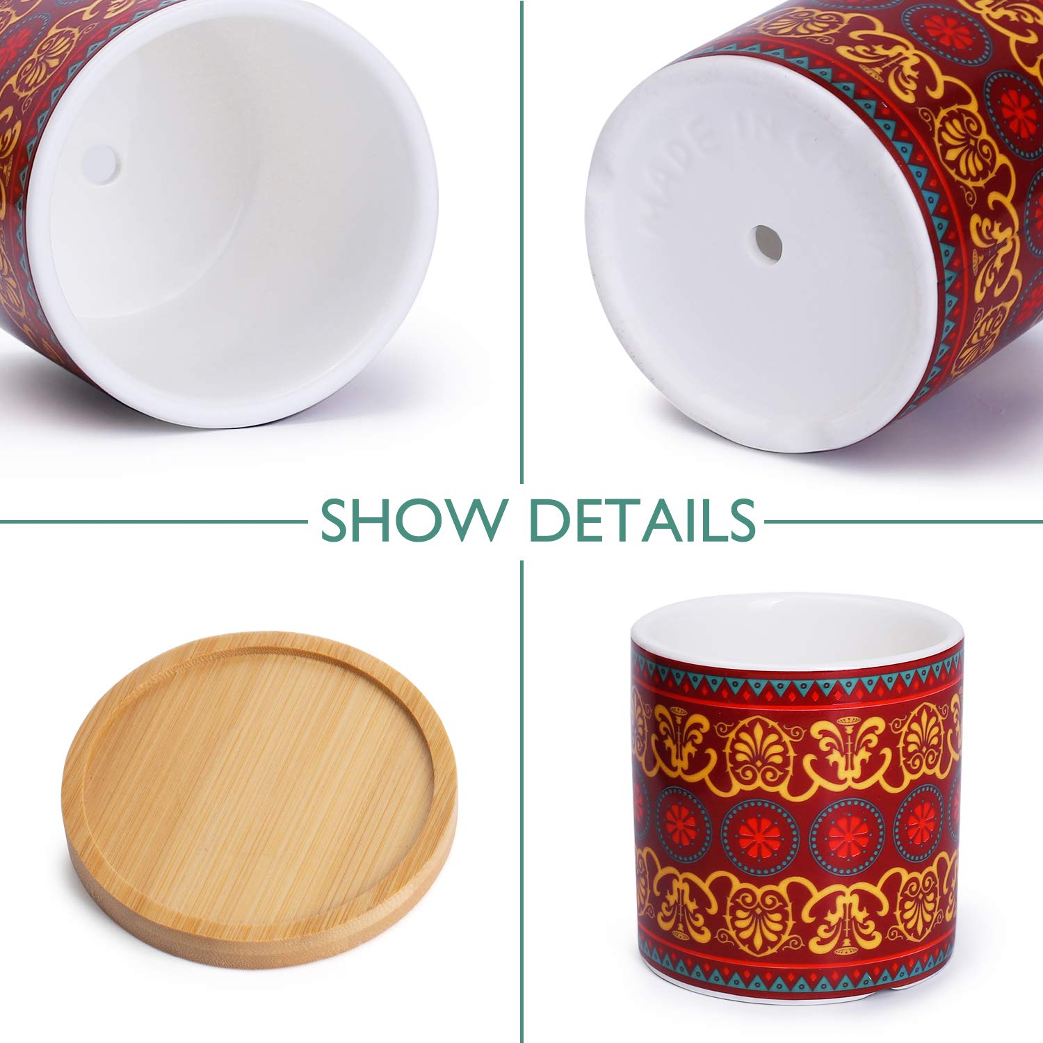 Greenaholics Succulent Pots - 3 Inch Morocco Pattern Cylinder Ceramic Planters for Small Succulent, with Bamboo Saucers, Set of 3 - Image 4