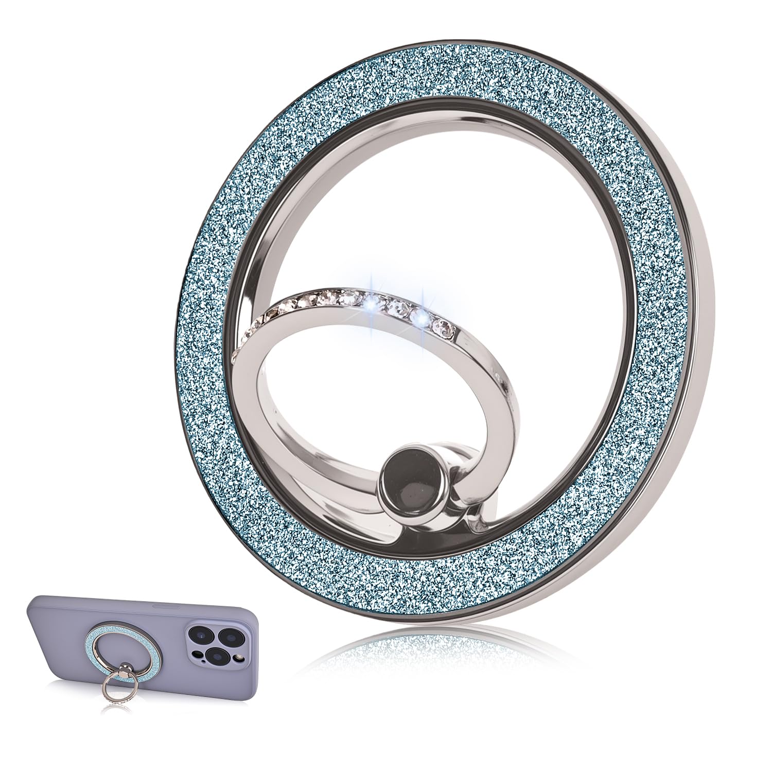 Photo 1 of Glitter Blue Magnetic Phone Ring Holder, Sparkle Magnetic Grip Compatible w/iPhone 16 15 14 13 12 Pro max,Pro,Plus, Adjustable Finger Kickstand Grip, Rotatable Cell Phone Stand, Desk or Handheld Use