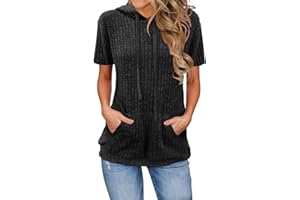 Women's Ribbed Knit Hoodie Short Sleeve Shirt with Kangaroo Pocket Casual Tunic Tops Sweatshirts for Daily Wear