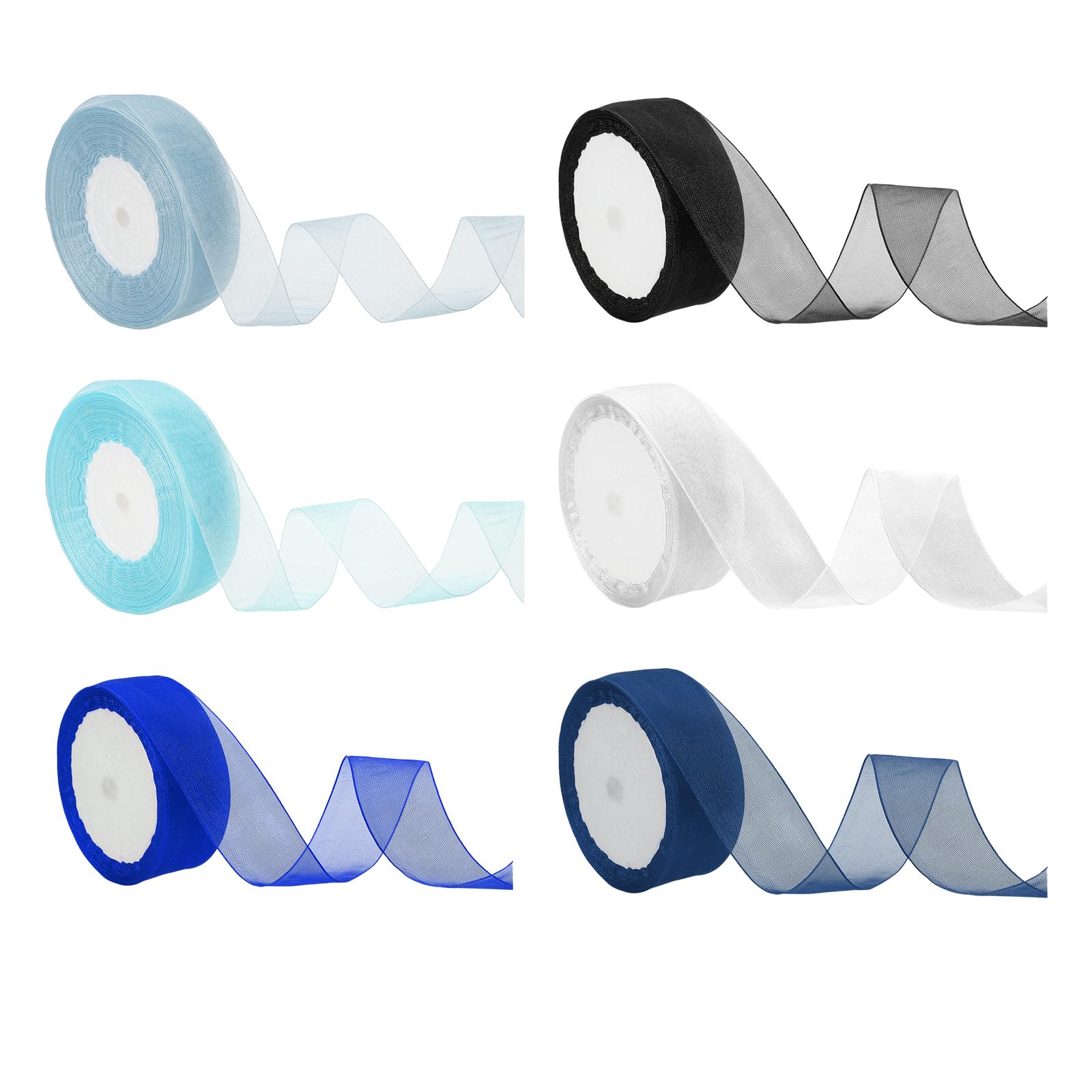 PATIKIL 25 Yd Sheer Organza Ribbon, 6 Roll Chiffon Decoration Fabric for Gift Wrapping, Haze Blue/Light Blue/White/Royal Blue/Navy Blue/Black