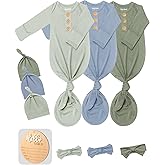 3 PK Baby Knotted Gowns Set with Mittens, Hats, Headbands & Wooden Name Tag for Breathable Newborns Going Home Outfit