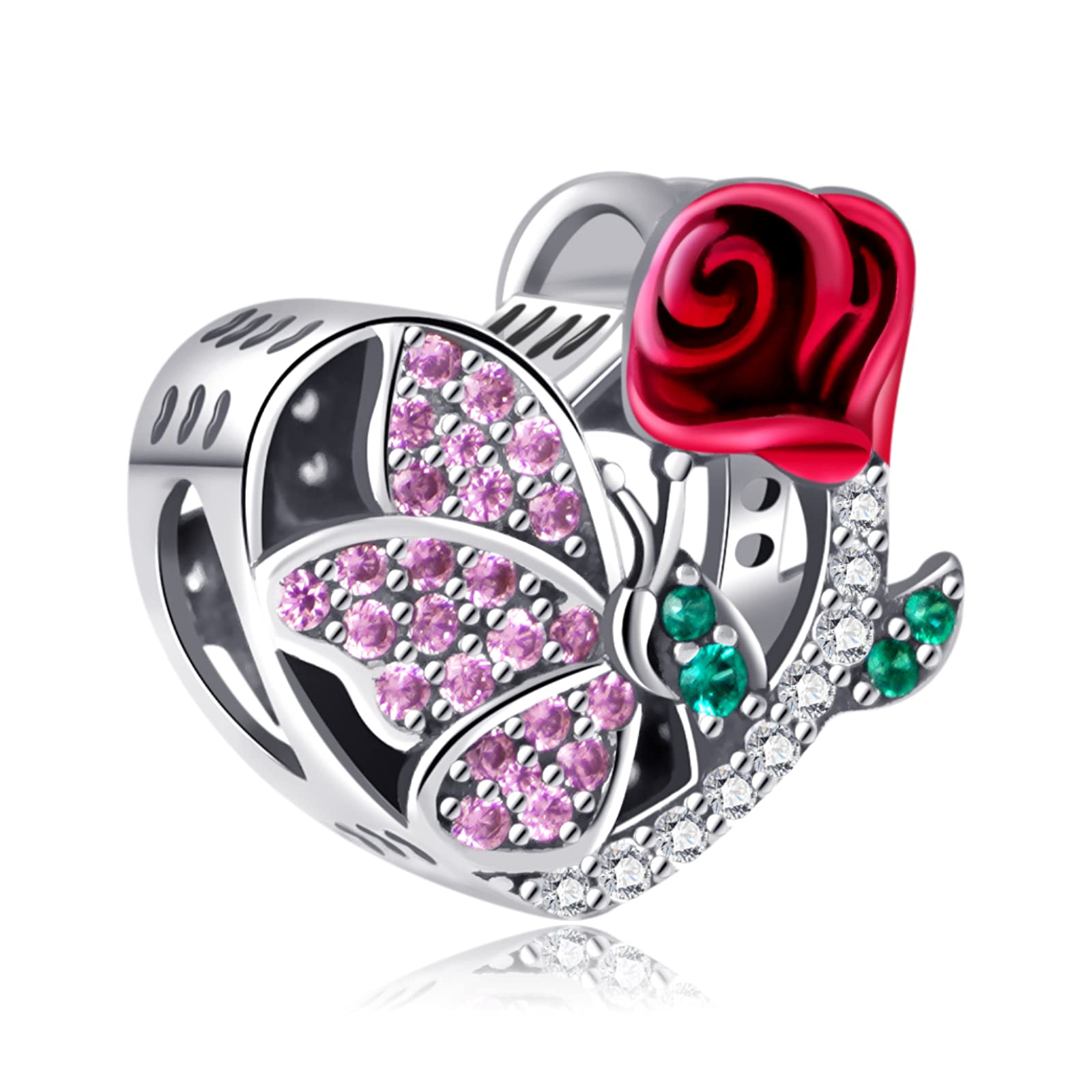NINGAN June-Rose Birth Flower & Butterfly Charm for Birthstone Charms Bracelets 925 Sterling Silver Pendant Bead with Cubic Zirconia Birthday Jewelry Gifts for Women Wife Mom Girls Her