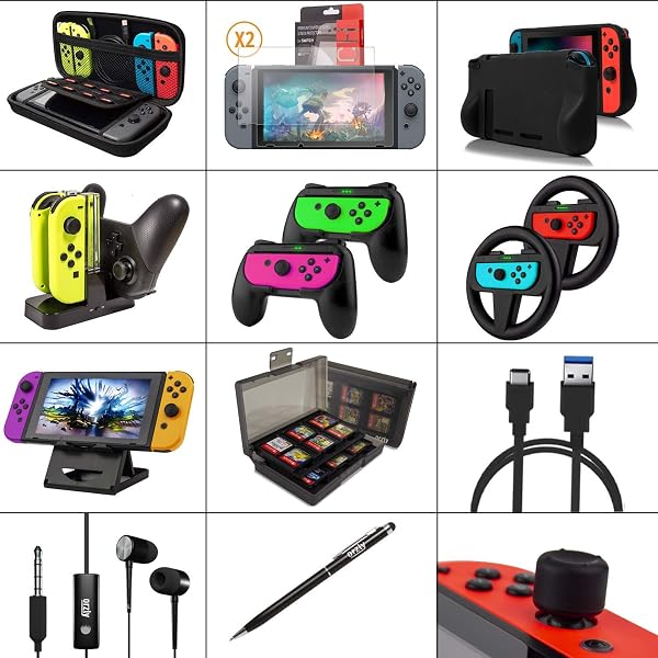 ORZLY ACCESSORY BUNDLE KIT DESIGNED FOR NINTENDO SWITCH ACCESSORIES GEEKS AND OLED CONSOLE USERS CASE AND SCREEN PROTECTOR, JOYCON GRIPS AND WHEELS FOR ENHANCED GAMES PLAY AND MORE – JET BLACK