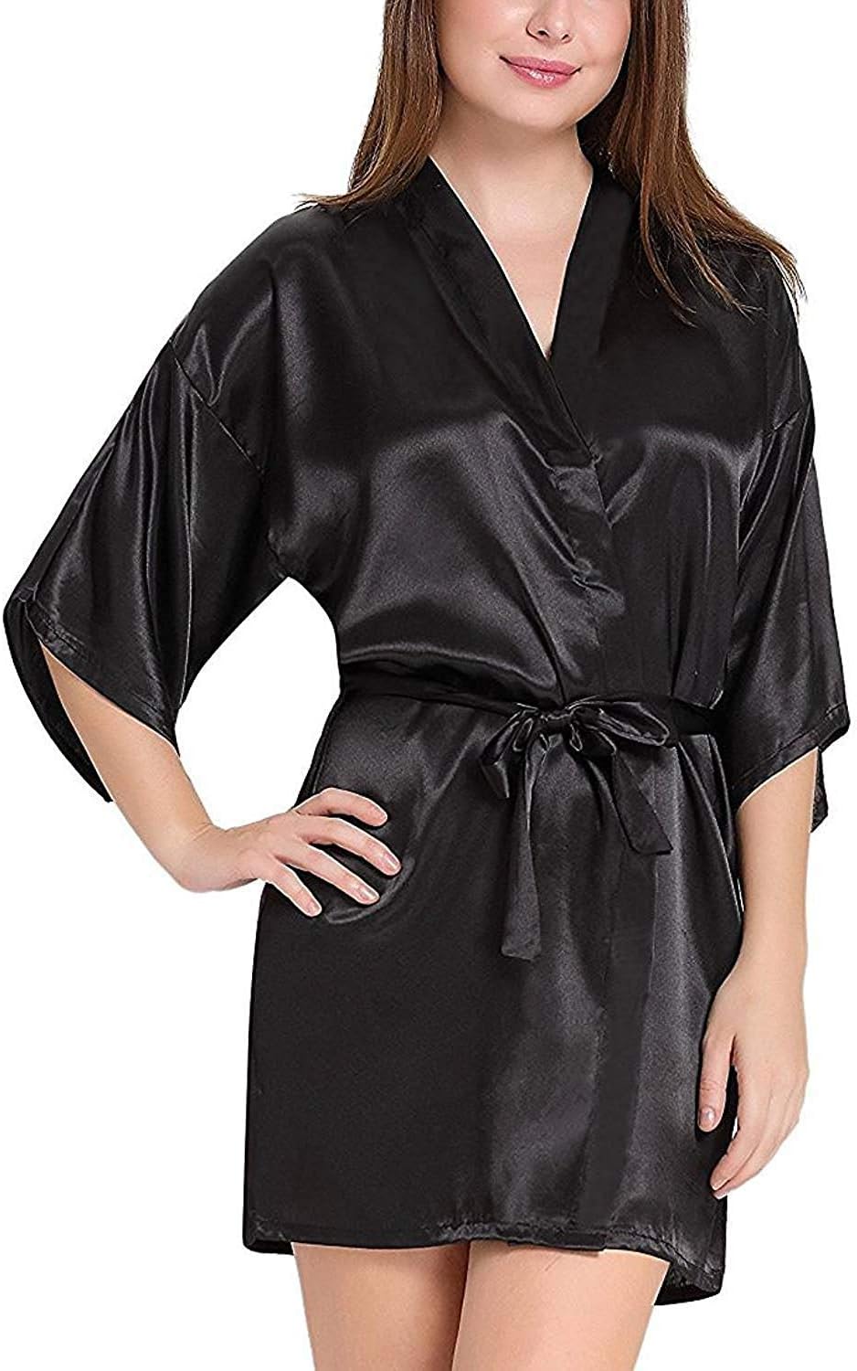 SLKS India Craft Women Satin Kimono Robe V-Neck Sexy Honeymoon Nightwear Nightdress Sleepwear Short Length