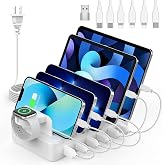 Charging Station for Multiple Devices, 50W 6 Ports Charging Dock with Stand | 6 Cables, Compatible with Cellphone,Tablet, Kindle, Apple Watch and Other Electronic, 1 USB-A to USB-C Adapter Converter