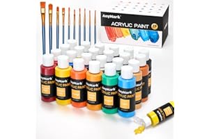 AnyMark Acrylic Paint Set, 24 Classic Colors with 10 Brushes, 2 fl oz/60ml Bottles, Art kit Painting Supplies for Kids Adults Canvas, Rock, Wood