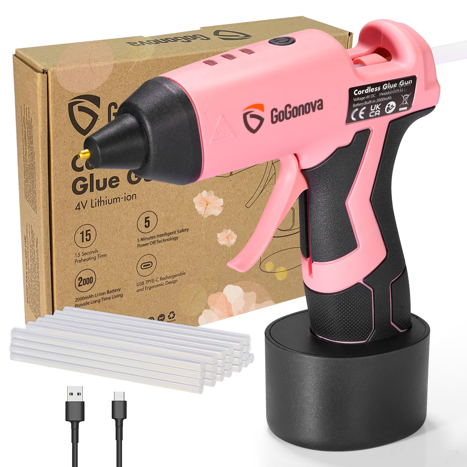 Photo 1 of GoGonova Cordless Glue Gun, 15s Fast Preheating 2Ah Cordless Hot Glue Gun with 25 Pcs Premium Mini Glue Gun Sticks, USB-C Battery Rechargeable hot glue gun, Smart Power-Off, Pink