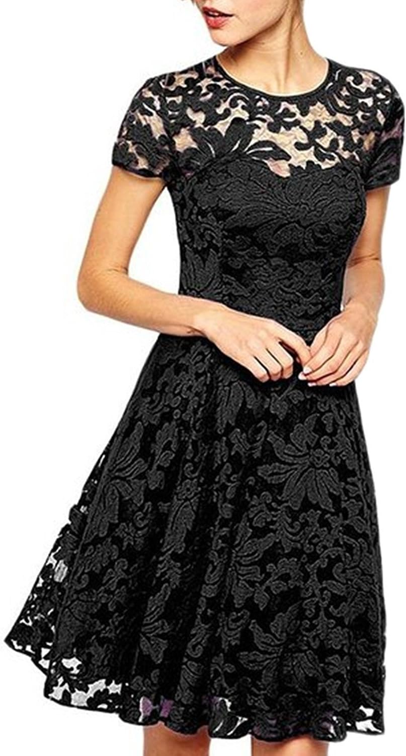 Measoul Womens Round Neck Short Sleeve Pleated Lace Mini Party Evening Cocktail Dress