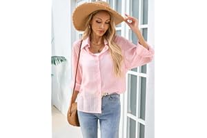 Womens Button Down Shirt Casual Long Sleeves Loose fit Classic Collared Blouses Fasion Textured Top