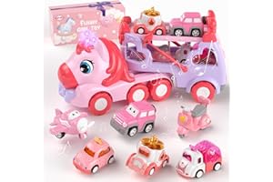 Usrela Car Toys for 1 2 3 Year Old Girl Truck, 7-in-1 Girl Carrier Truck Car with Light & Sound, Toddler Toys Age 1-3 2-4, Un