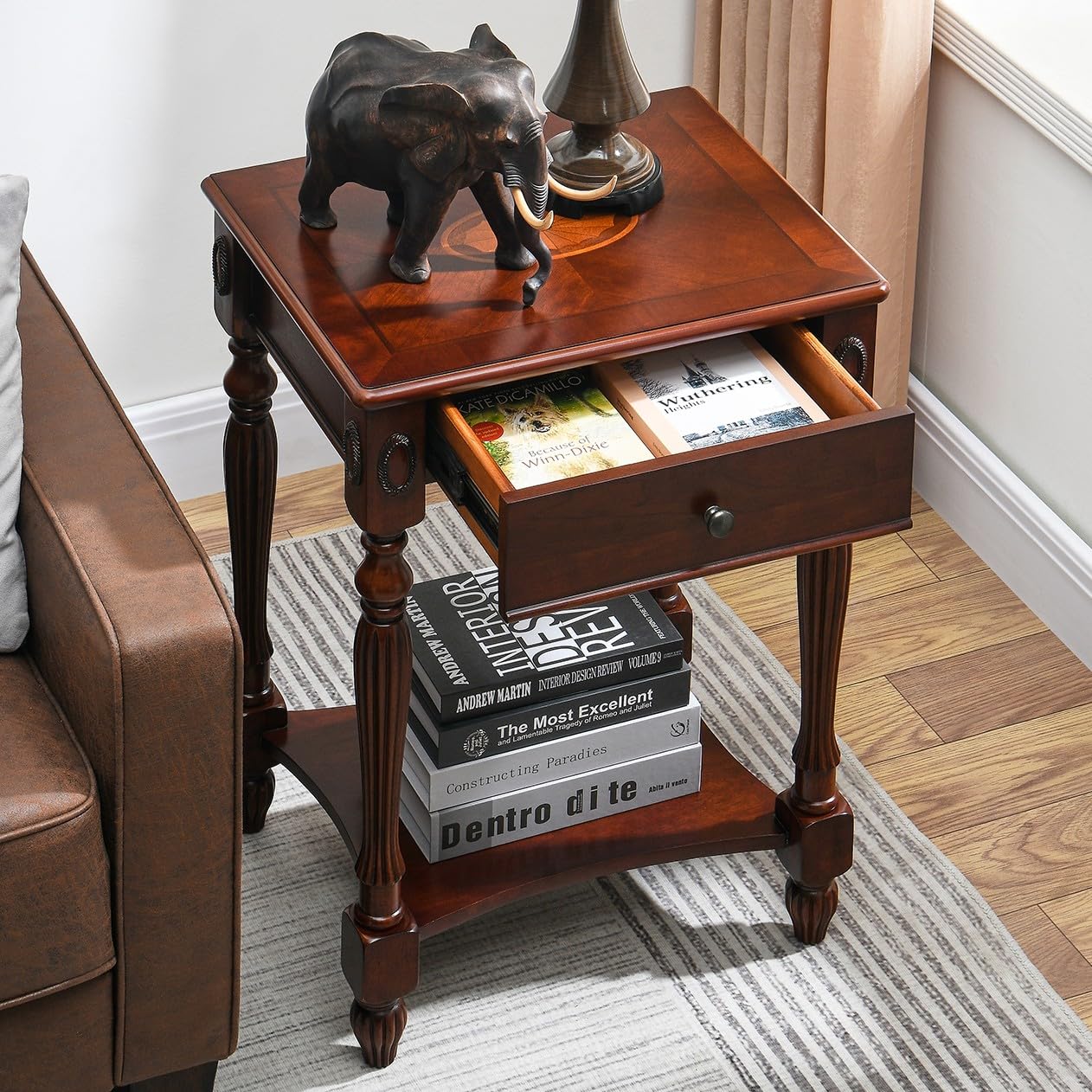Photo 1 of MODERION Solid Wood Side Table with Drawer and Storage Shelf, Traditional End Table, Narrow Telephone Nightstand, Carvings Elegant Vintage, for Living Room, Bedroom, Office Cherry Walnut GBJ1533WD