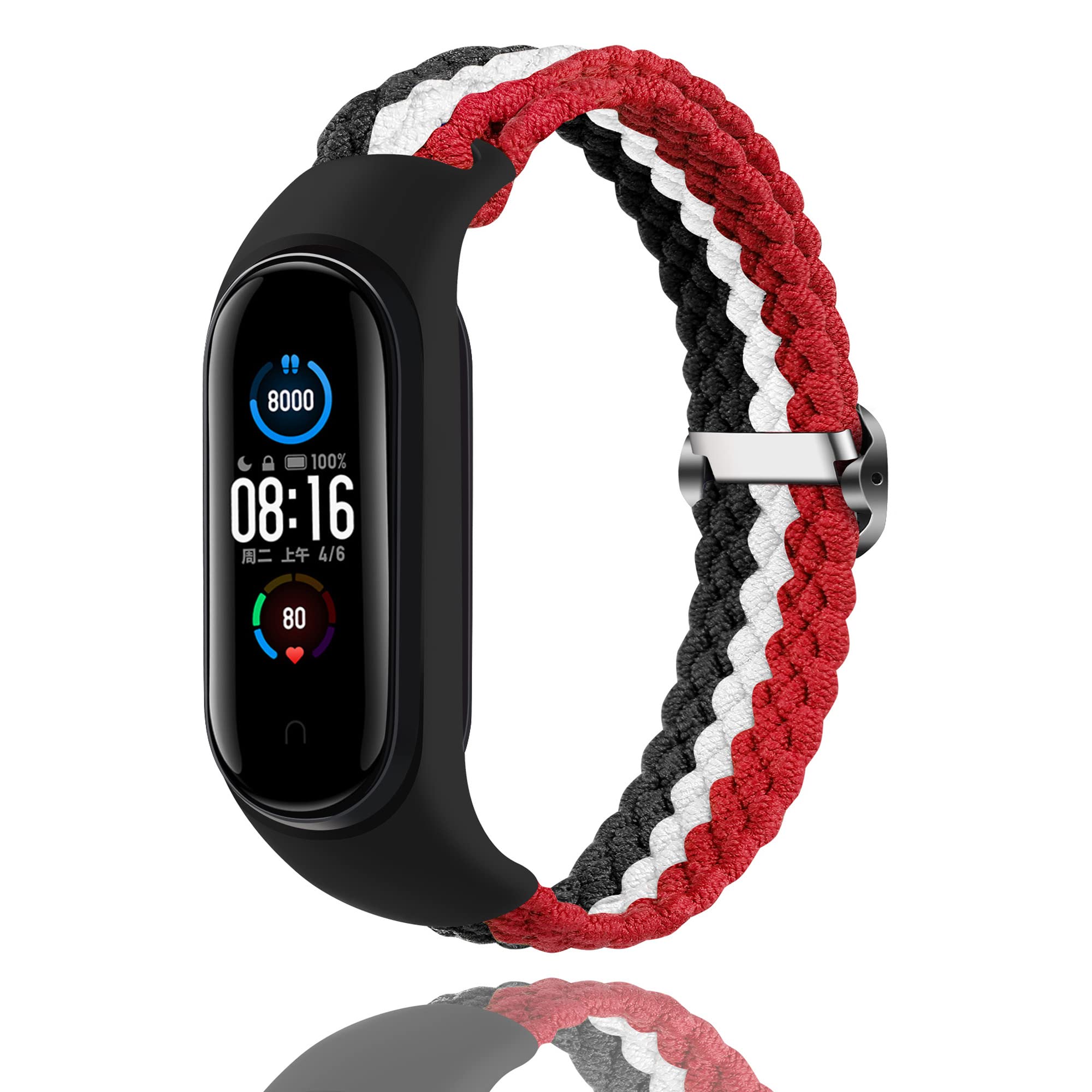Keecuty Nylon Watch Strap for Mi Band 6/5/4/3 Stretch Fabric Bracelet Braided Soft Nylon Sports Bracelets Stretch Breathable Expandable Watch Strap for Mi Band 6/5/4/3, Black White Red