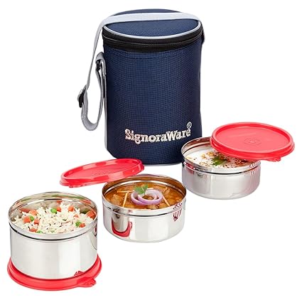 Signoraware Executive Stainless Steel Lunch Box Set, Set of 3, Red