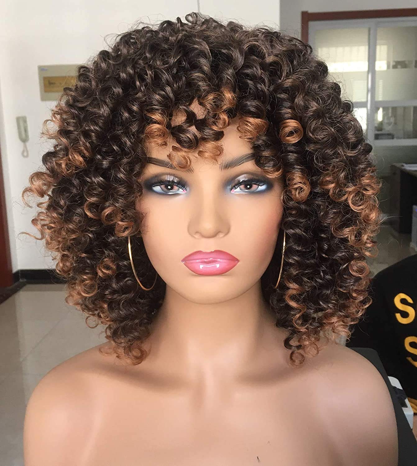 ANNIVIA Short Curly Wigs for Black Women with Bangs Big Bouncy Fluffy Kinky Curly Wig Heat Resist Soft Synthetic Short Curly Afro Wig (Ombre Brown)