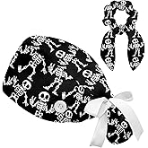 Scrub Caps Women Nursing Hats with Button, Adjustable Working Cap with Ponytail Pouch Scrunchy and Ribbon Tie for Women
