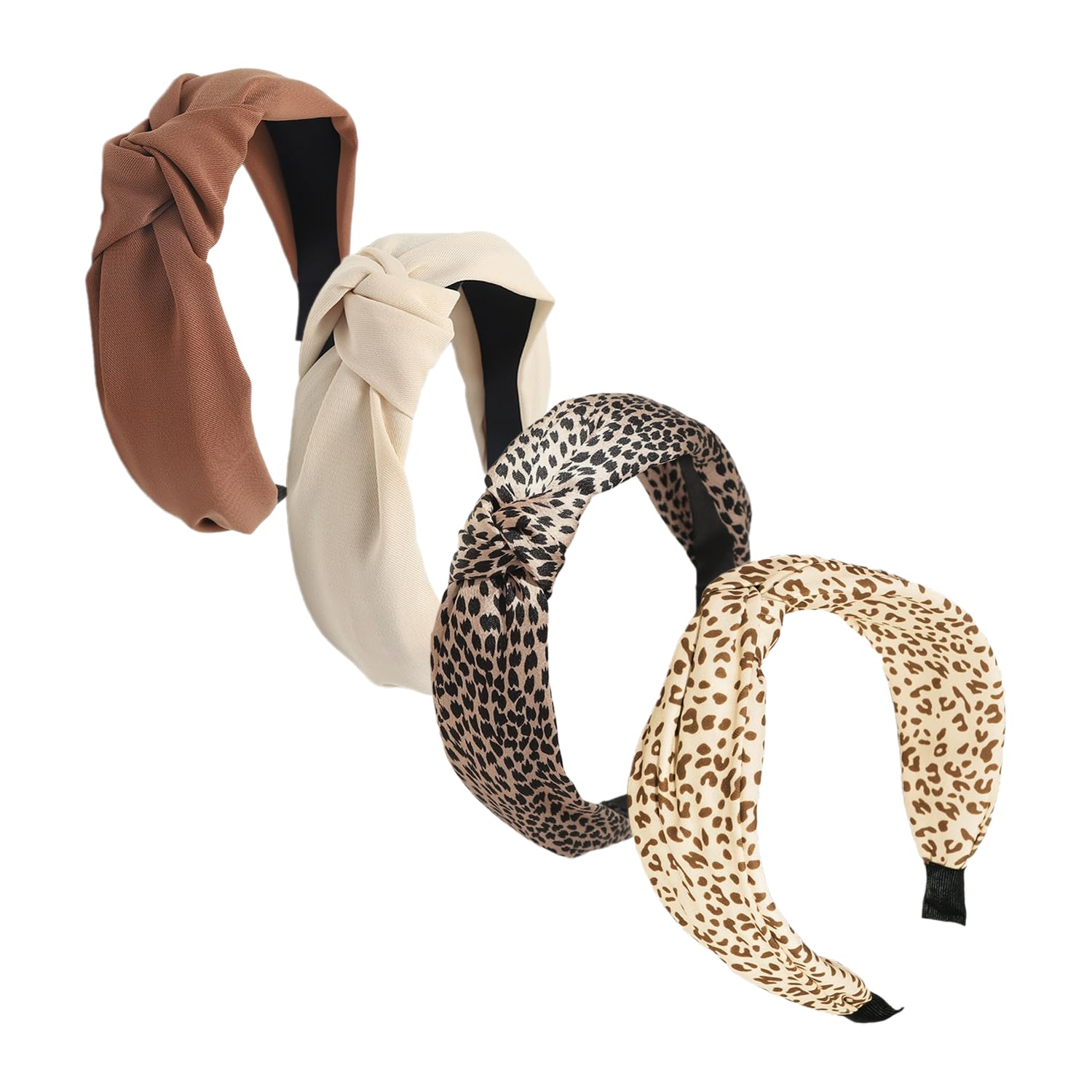 Pack of 4 Stylish Women's Headbands - Non-slip, Elegant Leopard Print, Comfortable Wide Knot