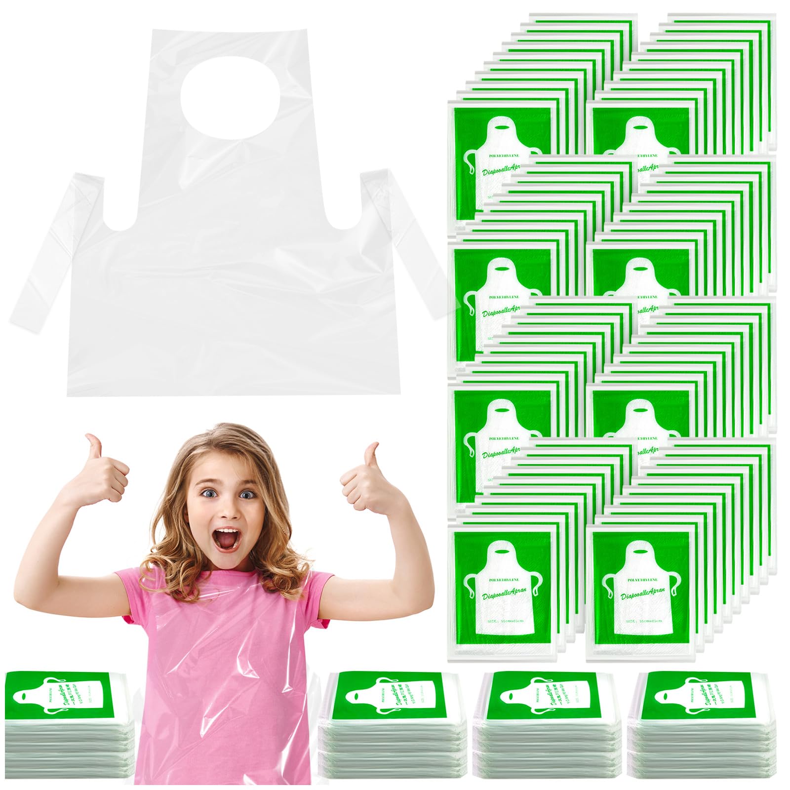BNJZWJJ 200 Pcs Disposable Aprons for Kids, Clear Plastic Kids Aprons Waterproof Smocks for Painting, Cooking, DIY Crafts