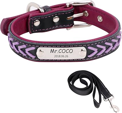 Collier Chien Personnalisé Cuir Véritable Réglable Avec Plateau Didentification Gravure Gratuite Nom Id Numéro Téléphone Adresse Eviter Perte Animaux