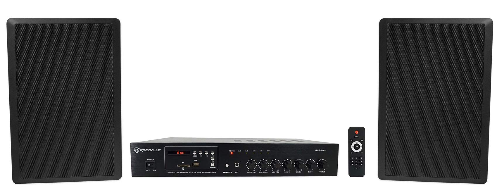 Rockville Commercial 70v Amplifier+Slim Black Restaurant/Bar/Cafe Wall Speakers