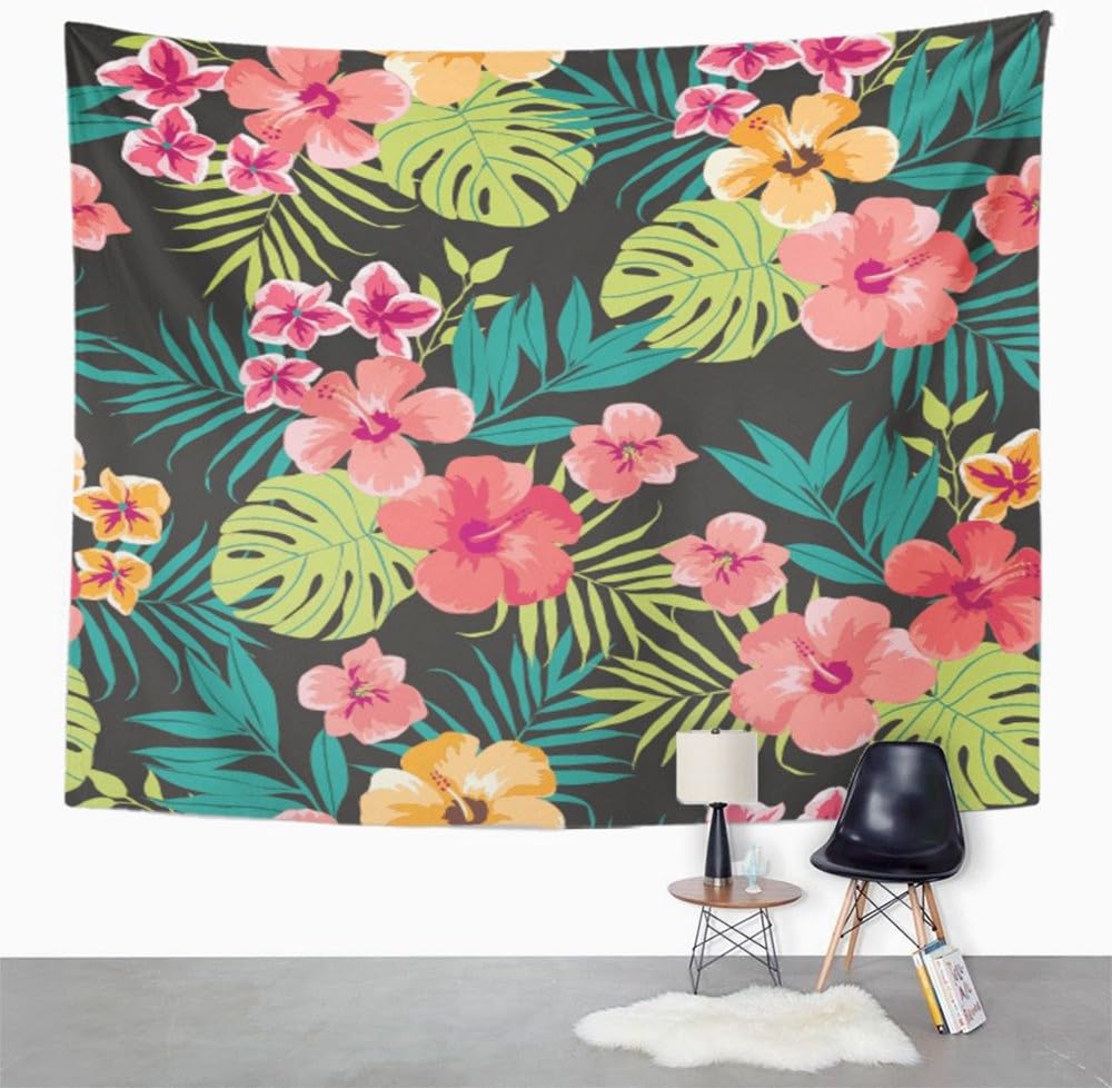 Amazon Co Jp Emvencyタペストリーブルーハワイアントロピカルフラワーパターン花柄ハワイハイビスカス柄polynesian Alohaホームインテリア壁吊り50 X 60 インチリビングルームベッドルームのための印刷寮 50 L X 60 W グレー ホーム キッチン