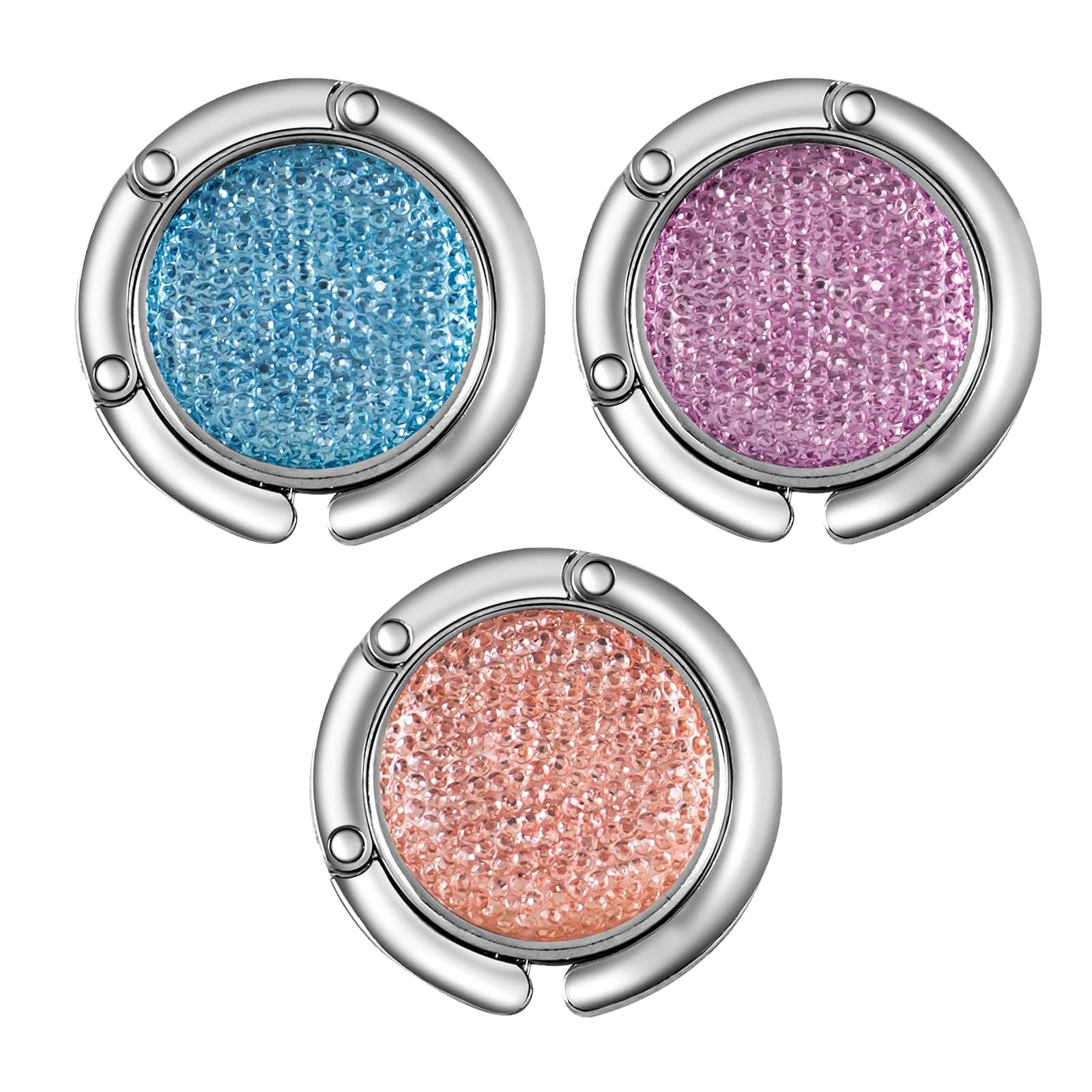 Milaloko 3 Pack Foldable Purse Hook for Table, Bag Hanger Collection, Folding Handbag Table Hanger Desk Hooks for Purse, Purple Orange and Blue