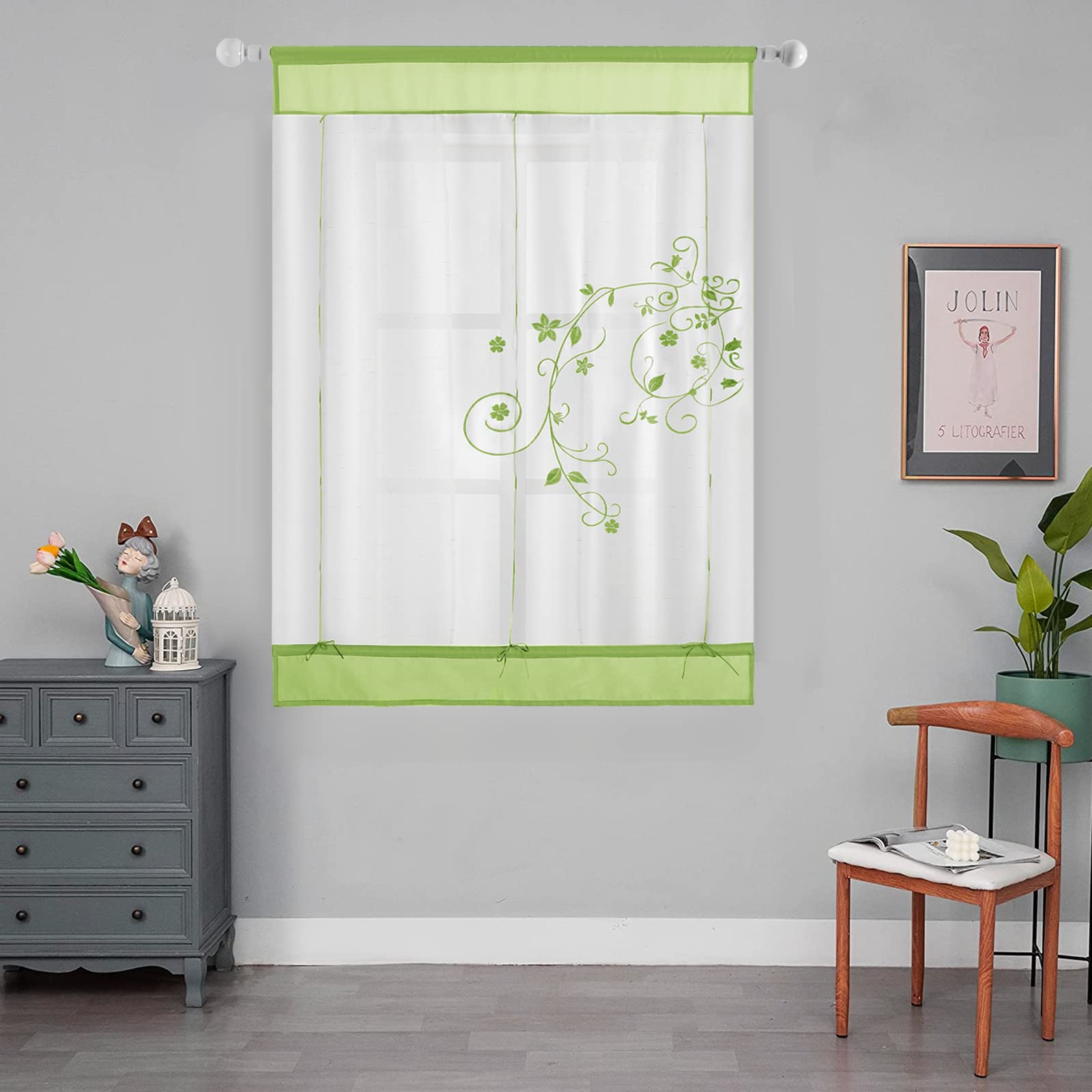 SIMPVALE 1 Panel Roman Blind with Rod Pocket - Tie up Sheer Flower Embroidered - Voile Curtains Window Decoration for Kitchen Balcony, Green, 80x120cm