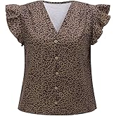 winkbay Women's Summer Leopard Print Button Down Blouses Vintage Ruffle Sleeve V Neck Dressy Casual Tops