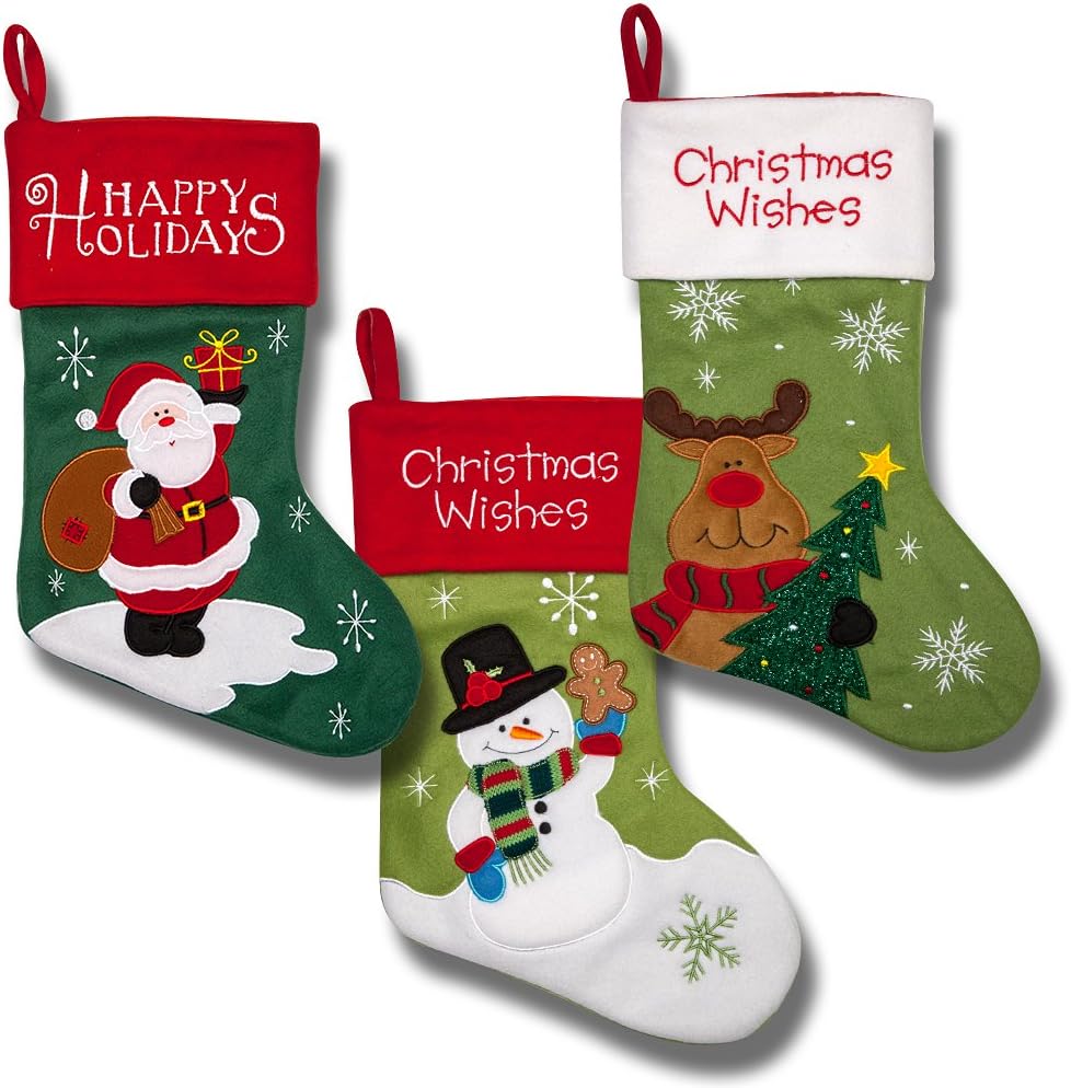Christmas Stockings for Women Men Adults Kids Girls Boys Cute Embroidered Stockings for Hanging Featuring Santa Snowman Reindeer Snowflakes Red and Green Design for Holiday Decorations Fireplace