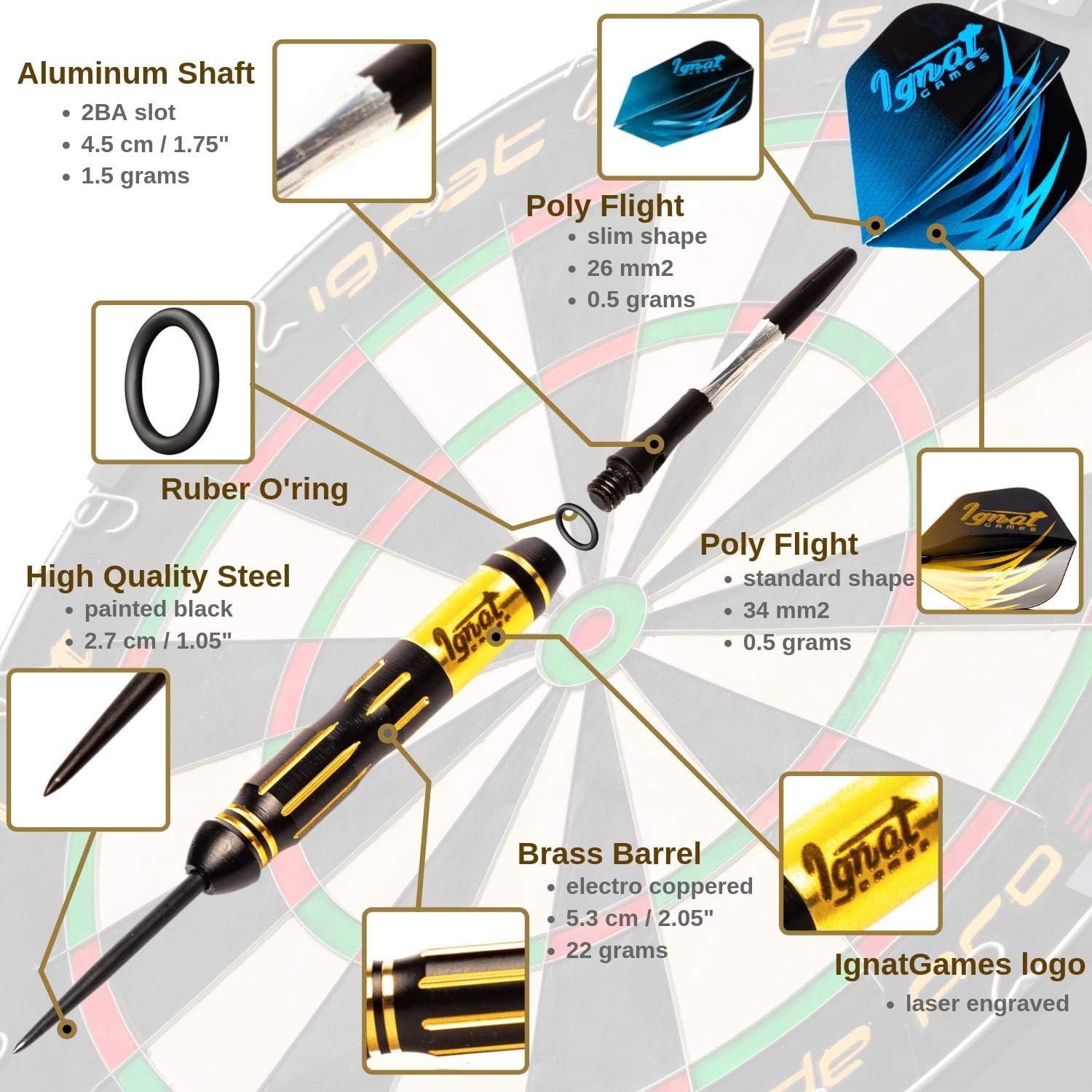 IgnatGames Steel Tip Darts Set - Professional Darts with Aluminum Shafts, Rubber O'Rings, and Extra Flights + Dart Sharpener + Innovative Case + Darts Guide (22g Cursed Treasure) : Sports & Outdoors