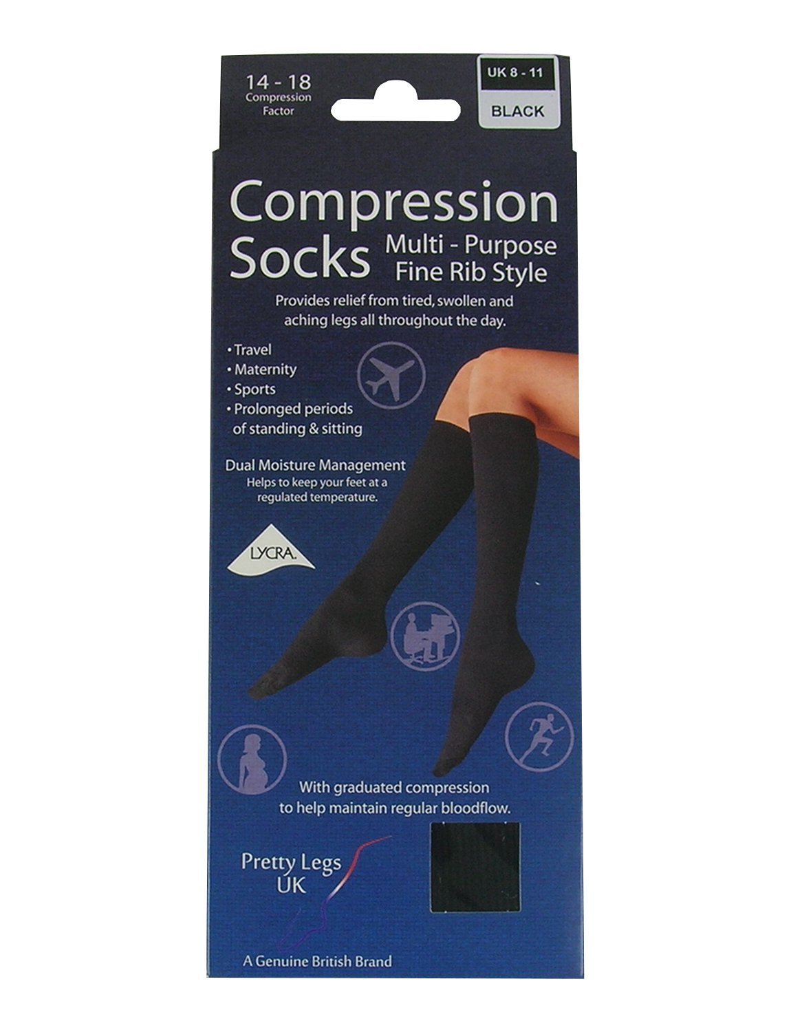 Pretty Legs Compression Socks Good For Work or Travel - Size 8-11 - Black