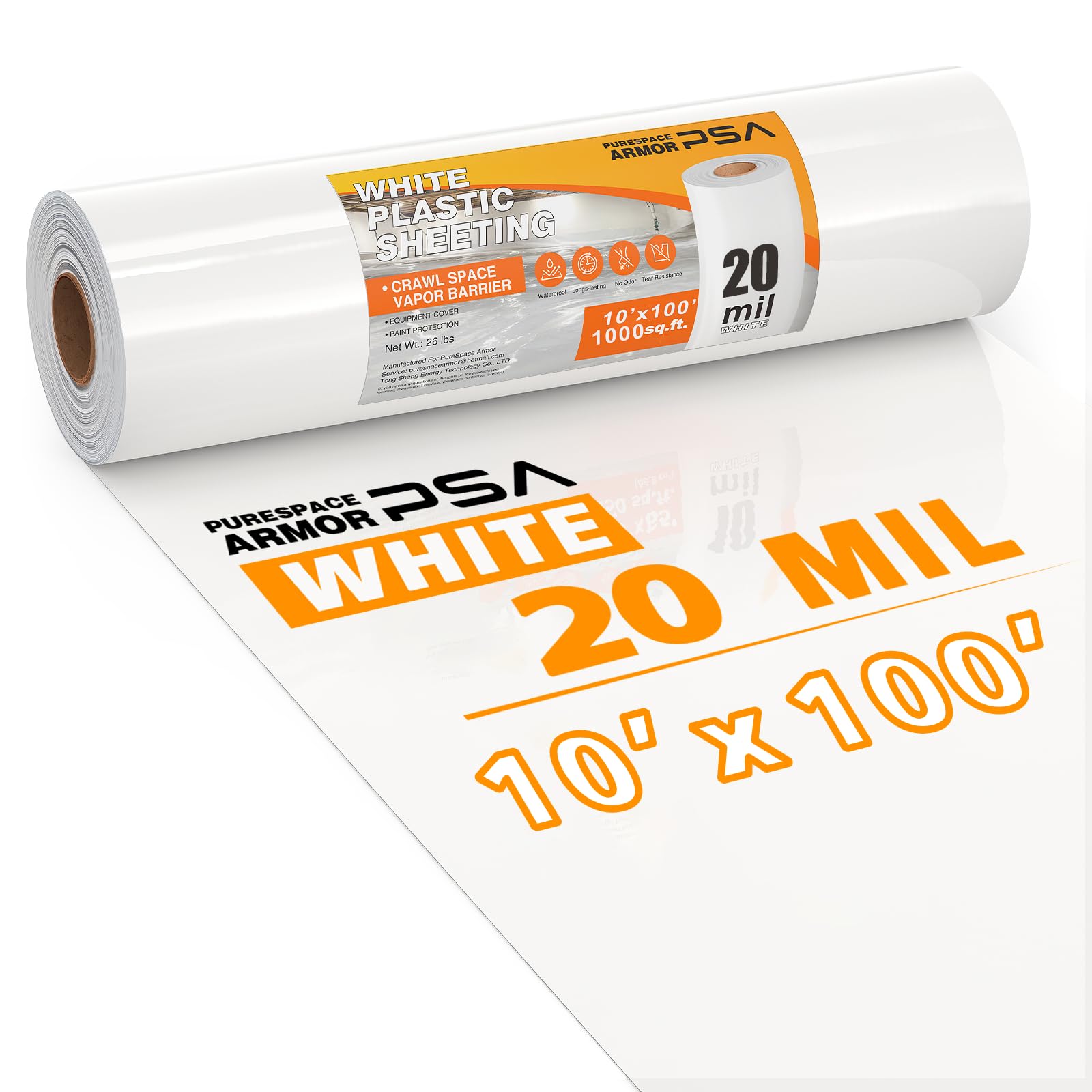 Photo 1 of Crawl Space Vapor Barrier, 20 Mil Vapor Barrier, 10'x100', White Plastic Sheeting - Thick Plastic Sheeting, Heavy Duty Polyethylene Film, Drop Cloth Vapor Barrier Covering for Crawl Space, Basement