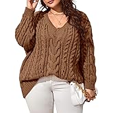 Dyexces Plus Size Sweaters for Women V Neck Long Sleeve Cable Knit Sweaters Casual Fall Sweaters Soft Jumper Tops