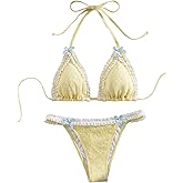 Milumia Women's Lace Trim Bow Tie Bikini Set Triangle Halter Cheeky 2 Piece Swimsuit
