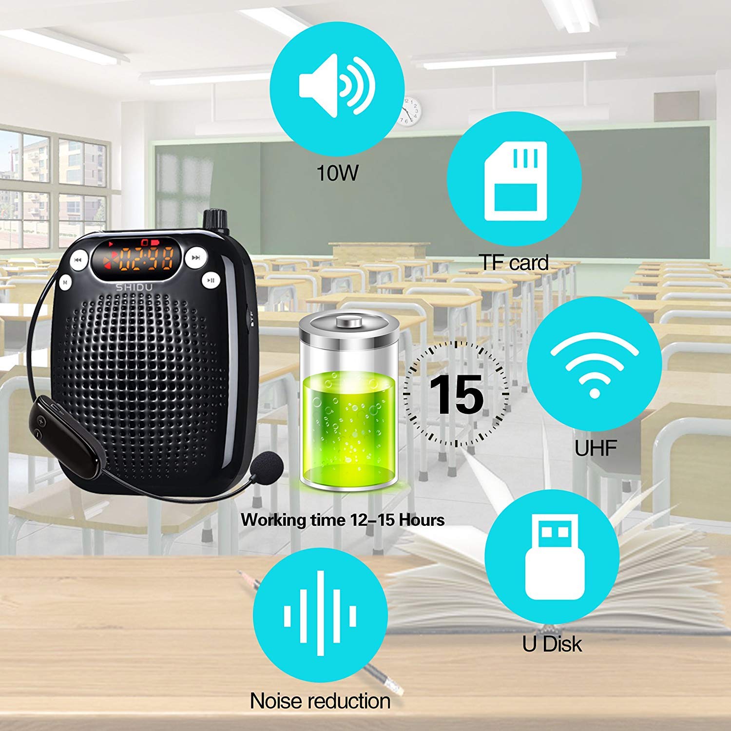 10W Wireless Voice Amplifier, Portable PA System Speaker with UHF Wireless Microphone Headset for Teachers, Tour Guides, Coacher, Singing, Training and Presentation