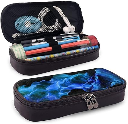 Amazon 青い火アートイラスト 革筆箱筆箱 大容量 ペンケース 文房具バッグ おしゃれ 多機能ケース 男女兼用 ペンケース 文房具 オフィス用品