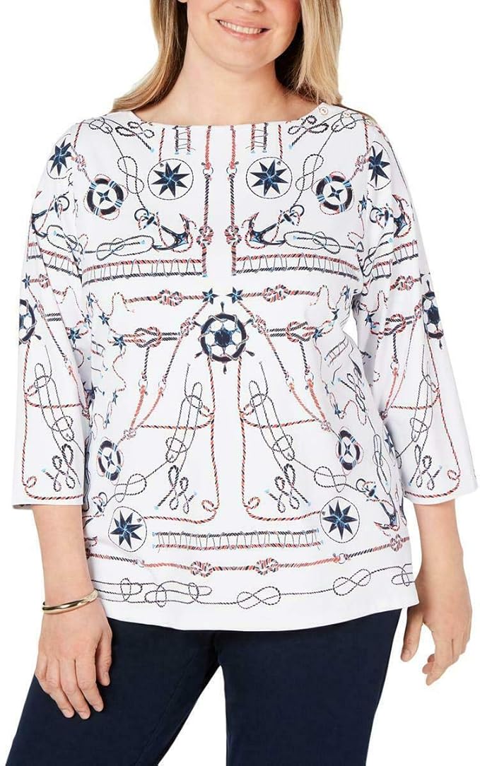 Charter Club Women's White Nautical 3/4 Sleeve Boat Neck Top Plus Size 1X at Amazon Women’s