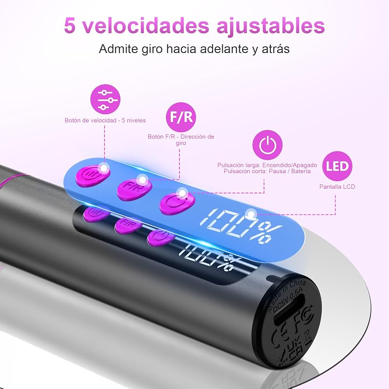 Torno para Uñas Profesional 35000 RPM USB, Set de Manicura 12 en 1