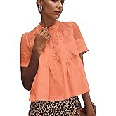 calbatic Women Lace Trim Blouse Mesh See Through Puff Short Sleeve Ruffle Pleated Shirts Mock Neck Summer Babydoll Tops