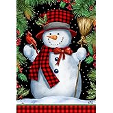 Red Checkered Snowman Winter House Flag Cardinal Fir Berries 28" x 40" Briarwood Lane