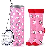 Umigy 2 Pcs Dental Hygienist Gifts 20 oz Teeth Tumbler with Lid and Tooth Sock Dental Assistant Gifts Stuff for Appreciation Week Nurse Doctor Dentist Employees Birthday Accessories(Pink)