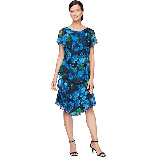 Amazon.com: S.L. Fashions Women's Short Sleeve Floral Tiered Chiffon Dress  (Missy and Petite), Black Red Fuchsia, 8 : Clothing, Shoes & Jewelry