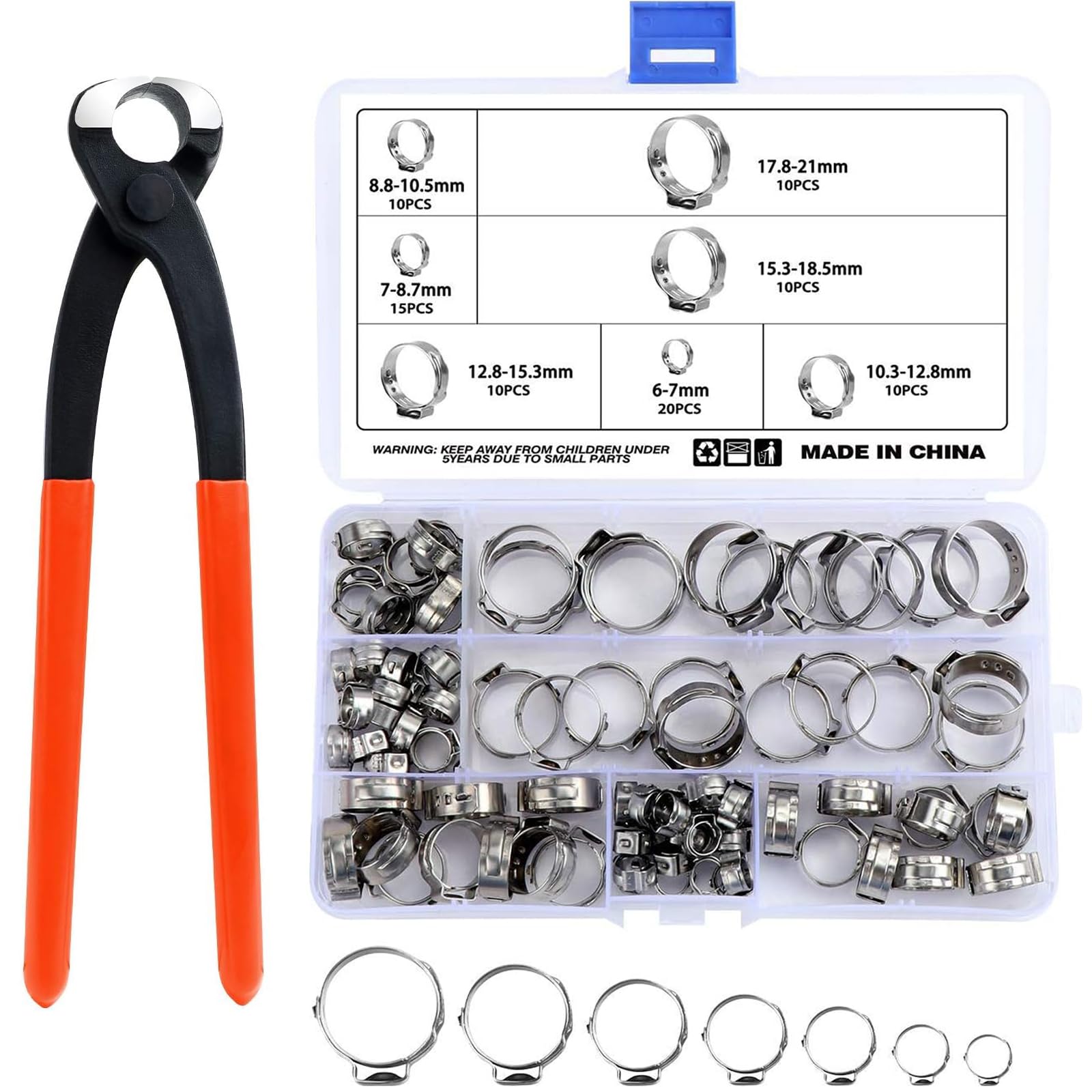 WiMas 85PCS 304 Stainless Steel 6-21mm Single Ear Hose Clamps, Hose Clamp Set, Cinch Clamp Rings Hose Clips with Clamp Pliers