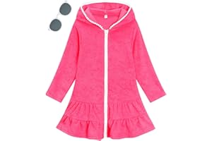 LUCKYGAL Girls Swim Cover Up Kids Long Sleeve Swimsuit Coverup Terry Beach Pool Clothes with Sunglasses