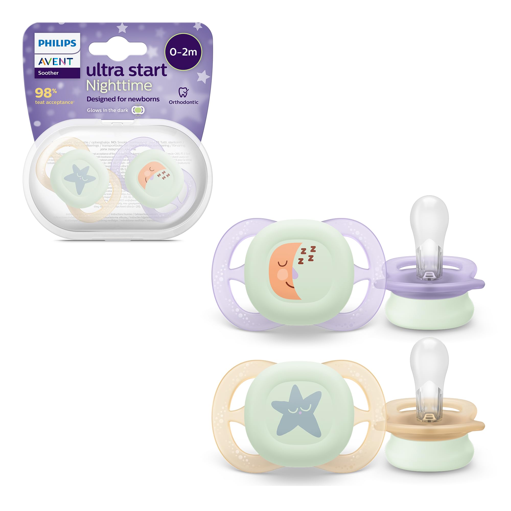 Philips Avent Ultra Start Nighttime Soothers, Orthodontic Dummies Designed for Newborns, Glow in The Dark, Silicone Symmetrical Teat, BPA Free, with Sterilising/Carrying Case, 2 Pack, Model SCF075/07