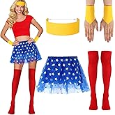 ShinyMatch 4 Pcs Halloween Red Blue Gold Women Costume Set Gold Costume Cosplay Accessory Set Star Short Skirt Yellow Wristband Headband Accessories for Women Halloween Party Supplies